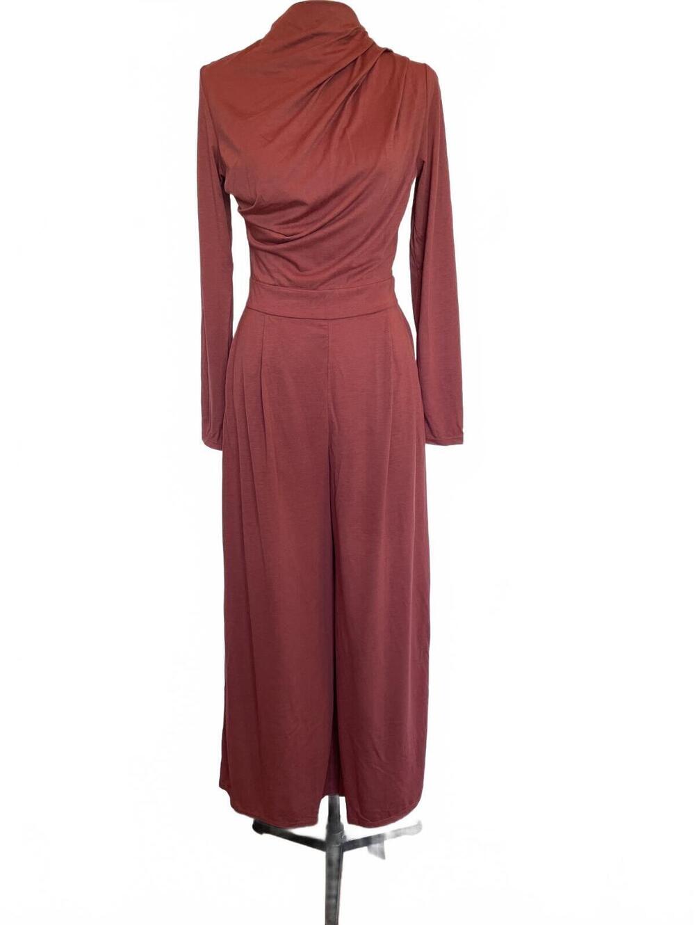 NWT Halara Brick Red Draped Mock Neck Wide Leg Jumpsuit Long Sleeve Women's S